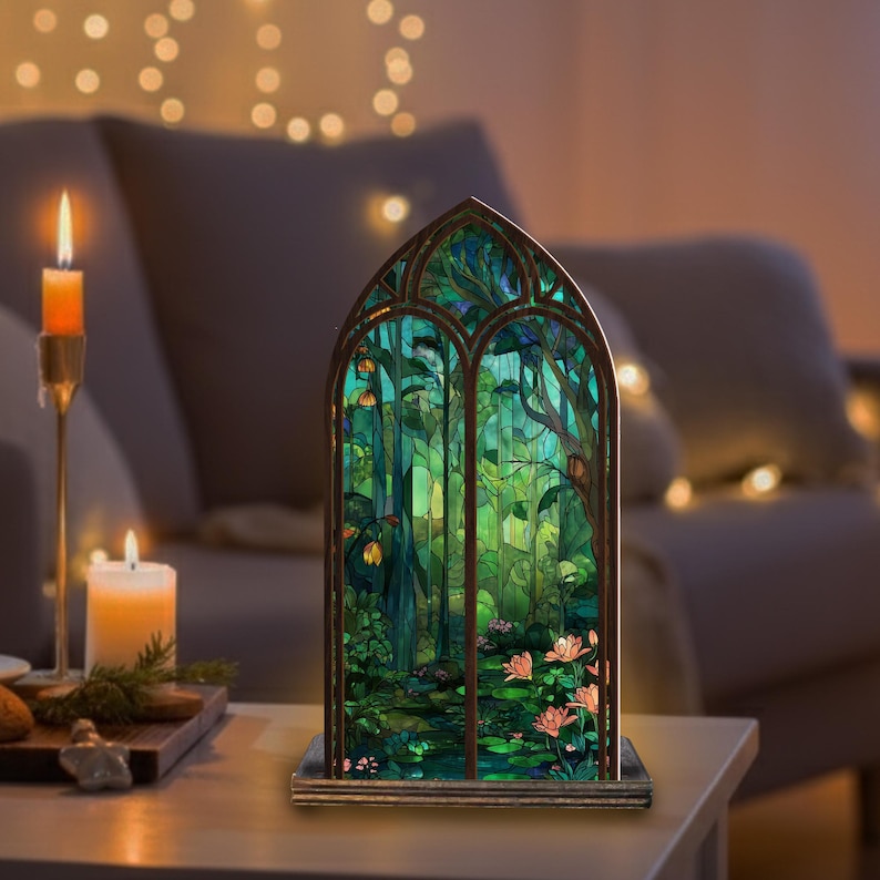Stained Style Forest Candle Holder, Gothic Window Candle Decor, Nature ...