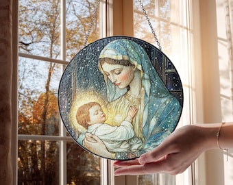 聖母マリアのステンドグラスサンキャッチャー – 神聖な宗教ガラス