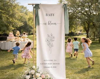 Baby in Bloom Shower Banner, Personalized Welcome Fabric Backdrop Sign, Floral Minimal Line Art, Custom Name Date, Garden Party Decor