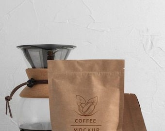 Stehende Kaffeetüten-Mockup, Papier-Kaffeetüten-Mockup, Reißverschluss-Kaffeetüte | Kompatibel mit Affinity Designer