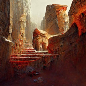 May include: A painting of a narrow canyon with a set of stone steps leading up to a large rock formation. The canyon walls are a mix of brown, orange, and red hues, and the steps are illuminated by a bright light source.