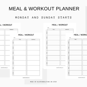 Könnte beinhalten: Druckbarer Essens- und Trainingsplaner in Schwarzweiß. Der Planer hat Bereiche für Mahlzeiten und Workouts mit Platz für jeden Tag der Woche. Der Planer trägt den Titel "Meal & Workout Planner" und "Monday and Sunday Starts".