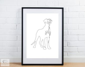 Puede incluir: Dibujo de línea de un perro Gran Danés en un marco negro. El perro está de pie con la cabeza inclinada hacia arriba y la cola enroscada detrás de las patas.
