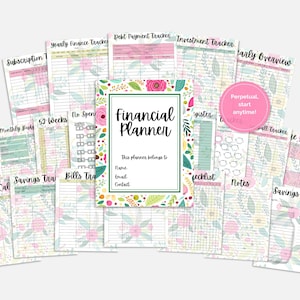 Puede incluir: Un conjunto de páginas de planificador financiero con motivos florales. El planificador central, con un borde floral, dice "Financial Planner". Otras páginas incluyen rastreadores de suscripciones, deudas, inversiones y ahorros. Un círculo rosa dice "Perpetual, start anytime!"