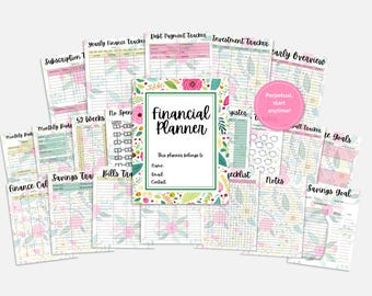 Puede incluir: Un conjunto de páginas de planificador financiero con motivos florales. El planificador central, con un borde floral, dice "Financial Planner". Otras páginas incluyen rastreadores de suscripciones, deudas, inversiones y ahorros. Un círculo rosa dice "Perpetual, start anytime!"