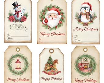 May include: Six rectangular gift tags with a vintage paper texture, each featuring a metal eyelet. Designs include a snowman, Santa Claus, a penguin, a lantern, a rocking horse, and a fireplace scene, with Merry Christmas or Happy Holidays text.