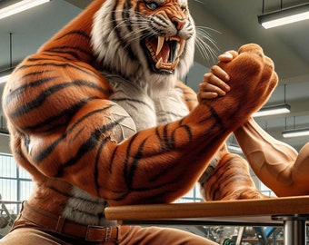 Portrait von Säbelzahntiger (Armwrestling) | Tapete | Drucke | Hochwertige | Fantasiebild | Wandkunst | Dekor | kommerzielle Nutzung