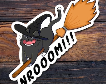 Pegatina de gato en escoba / Gato en escoba de bruja / Pegatina de gato / Pegatina de Halloween / Pegatina de animal / Pegatina espeluznante / Regalo para ella