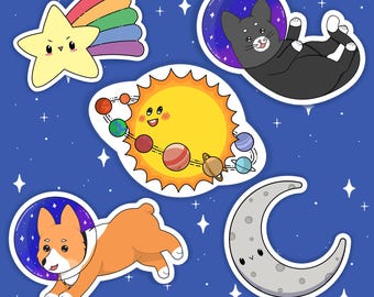 Pegatinas espaciales / Paquete de pegatinas espaciales / Corgi espacial / Gato espacial / Sistema solar / Estrella fugaz / Luna creciente / Regalo para ella / Astronomía