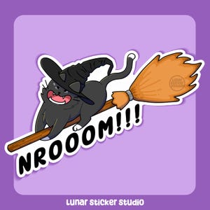 Broomstick Cat Sticker | Cat on Witch Broom | Cat Sticker | Halloween Sticker | Animal Sticker | Spooky Sticker | Gift for Her