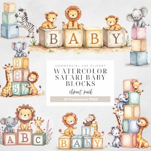 Imágenes prediseñadas de animales de safari con bloques de acuarela para bebés, decoración de guardería, imágenes prediseñadas de baby shower, bloques de bebé PNG