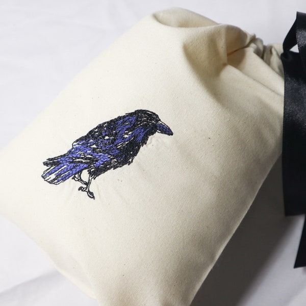 Crow fabric gift bag, gothic gift bag, embroidered gift bag, fabric gift wrap, reusable gift bag, reusable gift wrap
