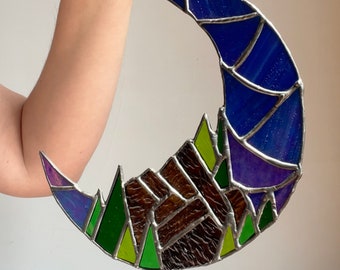 Stained glass moon Trees and mountains in a beautiful iridescence crescent moon stained glass suncatcher moon glass window hanging panel