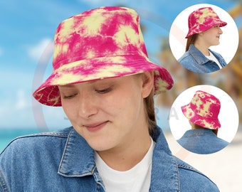 Pink Tie-Dye Bucket Hat (AOP), Casual Headwear, Unique Design Fashionable Style Fisherman Hat, Eye-catching Urban Pattern Modern Headwear