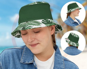 Tropical Flowers Leaves Design Bucket Hat (AOP), Vibrant Color Green Headwear Hat, Hawaiian Inspired Fashionable Summer Fisherman Trendy Cap