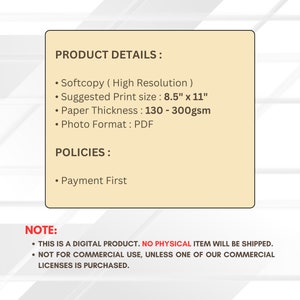 May include: A digital product details page with information about the product's specifications, policies, and a note about the digital nature of the product. The text includes details like print size, paper thickness, photo format, and payment policies. It also states that the product is a digital download and no physical item will be shipped.