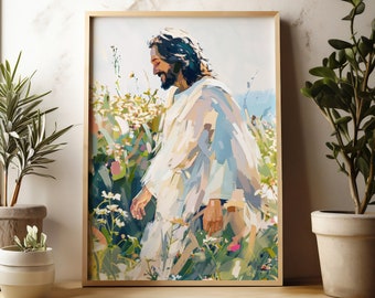 May include: A painting of a man with long brown hair and a beard, wearing a white robe, walking through a field of white flowers. The painting is done in a colorful, abstract style.