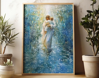 May include: A painting of a man in a white robe holding a child in his arms. They are walking through a blue and white water scene with light shining down on them.