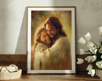 May include: A painting of a man and a woman embracing. The man has long brown hair and a beard, and he is wearing a white robe. The woman has long blonde hair and is wearing a white dress. The painting is set against a background of golden light.