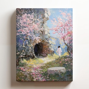 May include: A painting of a person in white robes walking away from a cave entrance. The cave is surrounded by pink cherry blossoms and a rocky cliff face. The scene is painted in a realistic style with a soft, dreamy feel.