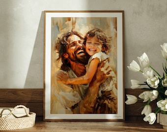 May include: A painting of a man and a child laughing and hugging. The man has a beard and is wearing a light brown robe. The child is wearing a white dress. The painting is done in a realistic style with warm colors.