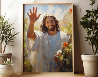 Puede incluir: Una pintura de Jesucristo con el pelo largo y castaño y barba, vestido con una túnica blanca, de pie en un campo de flores. Sonríe y tiene la mano levantada en un gesto de saludo.