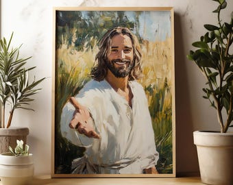 May include: A painting of a man with long brown hair and a beard, wearing a white robe, smiling and reaching out his hand towards the viewer. The background is a field of green and yellow grass.