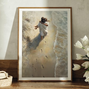 He Carried Me | Handmade Fine Art Print | Jesus Christ Portrait | Painting | God Wall Gift | Footprints in the Sand | Jesus on the Beach