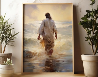 May include: A painting of a person walking on water. The person is wearing a white robe and is walking towards the viewer. The water is a light blue color and there are waves in the background. The sky is a light blue color and there is a sun shining in the distance.