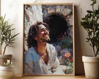 Puede incluir: Una pintura de un hombre con cabello largo castaño y barba, vistiendo una túnica blanca, mirando hacia arriba y sonriendo. Está de pie frente a un arco de piedra con flores creciendo a su alrededor.