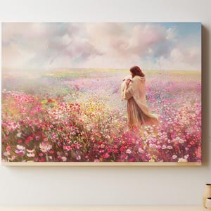 May include: A painting of a person in a field of flowers, holding a lamb in their arms. The person is wearing a long, flowing robe and the field is filled with pink, purple, and white flowers.