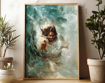 Jesus Saves | Digital Download| Jesus reaching into water Christian painting | God and man hand| hand touching Jesus Art | Hand of God