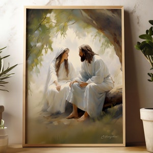 May include: A painting depicting Jesus and Mary seated beneath a tree, both clad in white robes. The artwork is rendered in a realistic style, featuring soft lighting and a tranquil ambience.