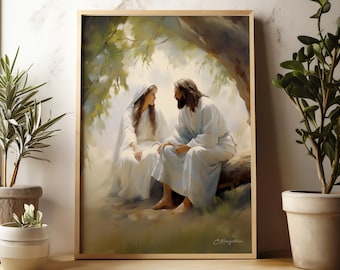 May include: A painting of Jesus and Mary sitting under a tree, both wearing white robes. The painting is done in a realistic style with soft lighting and a peaceful atmosphere.