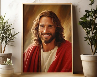 Puede incluir: Una pintura de Jesucristo con el pelo largo y castaño y barba. Lleva una túnica roja y sonríe. La pintura está realizada en un estilo realista.