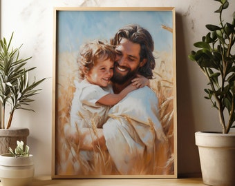 Puede incluir: Una pintura de un hombre con cabello largo y castaño y barba que sostiene a un niño pequeño en sus brazos. El hombre sonríe y el niño lo mira. Ambos están rodeados de altos tallos de trigo.