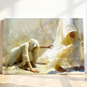 May include: A painting of two figures in white robes, one kneeling and reaching out to the other who is standing and looking down. The background is a light beige wall with a textured surface.