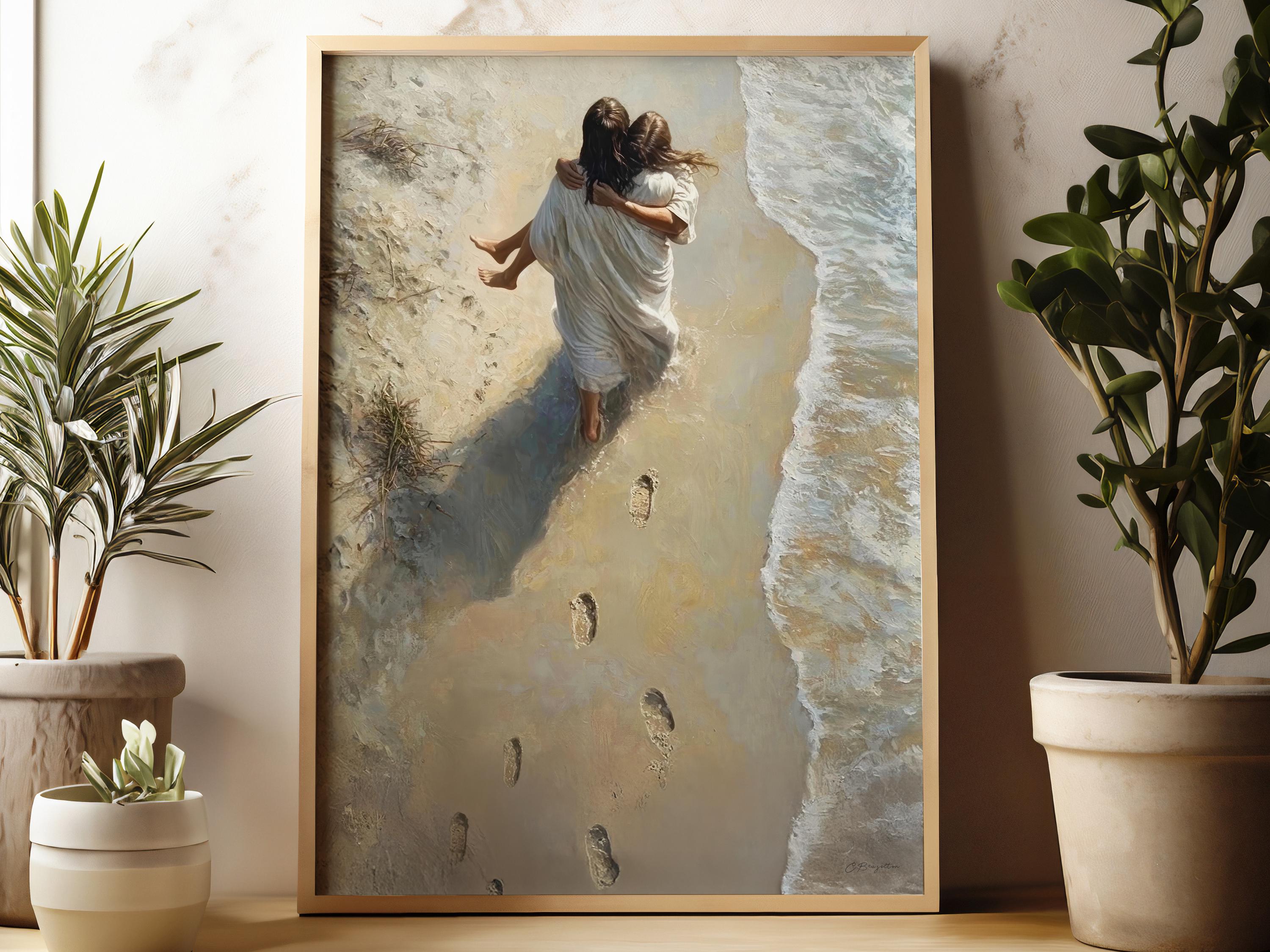 He Carried Me | Digital Download | Footprints in the Sand | Jesus on the Beach | Christian Art | Bible Painting | Walk By Faith