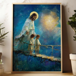 Può includere: Un dipinto che raffigura Gesù Cristo che cammina sull'acqua, seguito da due bambini. Il dipinto è ambientato su uno sfondo di cielo blu con stelle e una luce brillante.
