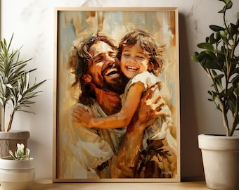 Puede incluir: Impresión artística enmarcada que representa a un hombre y un niño abrazados, ambos riendo. El hombre tiene barba y pelo largo. La obra de arte utiliza tonos cálidos y terrosos. Ideal para la decoración del hogar.