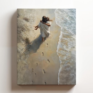 May include: A painting of a person carrying another person on their back, walking on a sandy beach with waves crashing in the background. The footprints of the two people are visible in the sand.