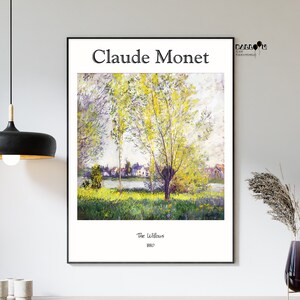 Puede incluir: Una impresión enmarcada de una pintura de Claude Monet titulada "Los sauces" que representa un paisaje con un río y árboles en tonos verdes, amarillos y azules. La pintura fue creada en 1880.