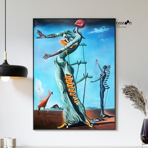 May include: A surrealist painting depicting a woman with a long, flowing dress and a giraffe with flames on its back. The woman is holding a series of drawers in her hand, and there are several other figures in the background.