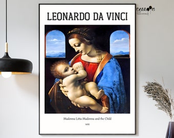 May include: A painting by Leonardo da Vinci titled "Madonna Litta-Madonna and the Child" depicting a woman in a blue and red dress holding a baby. The painting is set against a background of a landscape with a window.