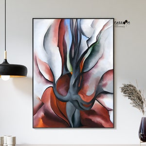 May include: Abstract painting of a tree with a thick trunk and branches, painted in shades of white, gray, brown, and red.