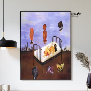 May include: A surrealist painting depicting a woman lying in a hospital bed with a red string connecting her to a floating fetus. The painting is titled "Henry Ford Hospital" and includes the text "Tulips of Hell" and "Henry Ford Hospital" in the lower left and right corners.