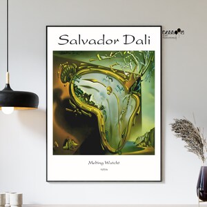 May include: A poster featuring a surrealist painting by Salvador Dali titled "Melting Watch" from 1954. The painting depicts a clock with a melting face, suggesting the passage of time.