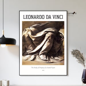 Leonardo Da Vinci, El estudio de las cortinas de una figura sentada, 1473, Impresión de Da Vinci, Arte mural renacentista, Pinturas famosas, Decoración de paredes del hogar