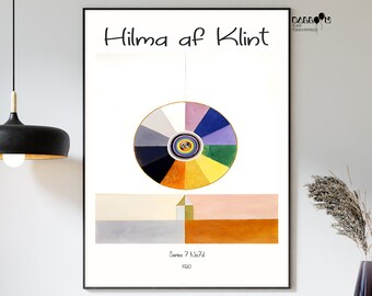 May include: A black and white poster featuring a colour wheel in the centre. The colour wheel is divided into 12 sections, each with a different colour. The poster also includes the text "Hilma af Klint" and "Series 7 No.7d 1930".
