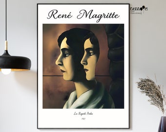 Könnte beinhalten: Ein Gemälde von René Magritte mit dem Titel "Les Regards Perdus" (1927), das eine Frau mit zwei Gesichtern darstellt, eines blickt nach vorne, das andere zur Seite. Das Gemälde ist in einem dunklen Braun- und Grünton gehalten.